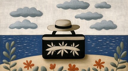 Beach scene with tropical bag and straw hat under cloudy sky