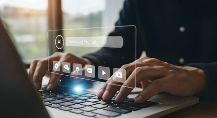 A persons hands are typing on a laptop keyboard, with a digital command prompt interface displayed
