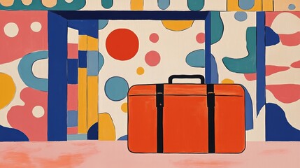 Bold abstract art with red suitcase and geometric patterns