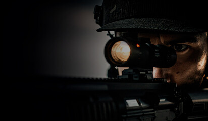 closeup face of a soldier aiming his target in darkness, war consept in hyper realistic illustration