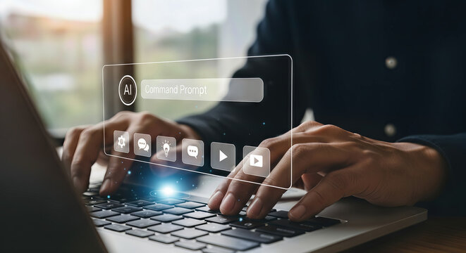 A persons hands are typing on a laptop keyboard, with a digital command prompt interface displayed
