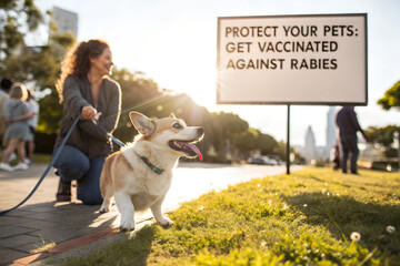 Woman walking her Corgi dog in a park near a sign urging pet owners to get vaccinated against rabies. Public health awareness campaign for pet safety. generative ai
