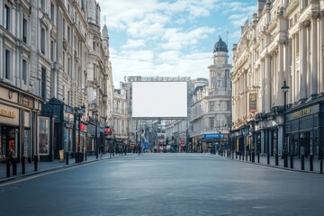Naklejka premium London billboard mockup on city street with white screen above shops, retail road view on Piccadilly with blank advertising space, clean and simple urban commercial scene