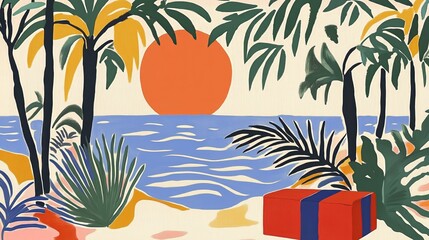 Tropical sunset by the beach with vibrant red gift box and colorful palm trees
