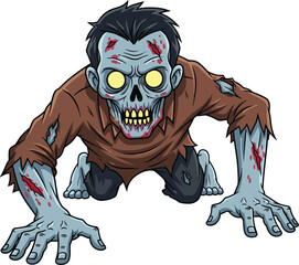 Crawling cartoon zombie with glowing eyes, creepy undead monster in torn clothes, horror character illustration, spooky Halloween walking dead design, scary infected creature art