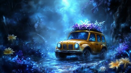 Enchanted journey: vintage car with floral arrangement in mystical forest at night
