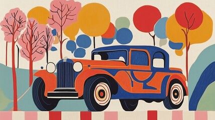Vintage car in colorful abstract forest with vibrant geometric trees