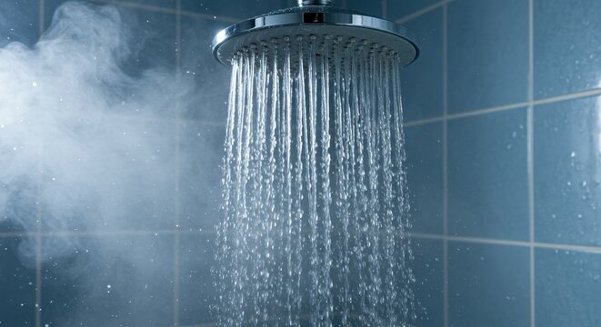 Shower with running water and steam in a blue tiled bathroom, closeup photo