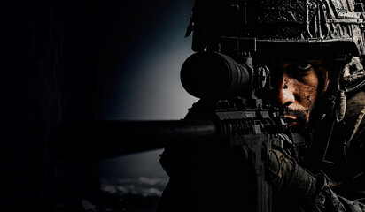 closeup face of a soldier aiming his target in darkness, war consept in hyper realistic illustration
