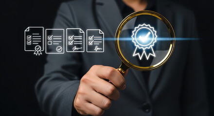 A businessman meticulously examines quality assurance documents and a certification badge through a magnifying glass, symbolizing a commitment to excellence and verification