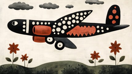 Whimsical airplane art with polka dots and floral landscape in playful style