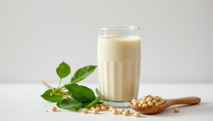 Glass of creamy soy milk with dried soybeans in a wooden spoon and green leaves displayed on a white surface