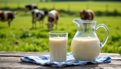 Fresh milk in a glass and pitcher on a wooden table Blurred dairy cows graze in a sunny green pasture