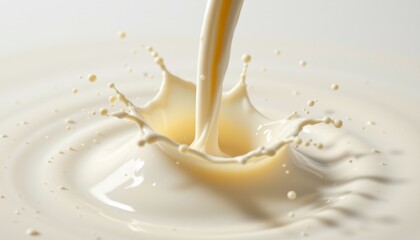 Creamy white liquid pouring creating a dynamic splash and ripples on a smooth surface