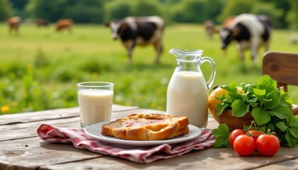 Fresh dairy products and breakfast items on a rustic wooden table with cows grazing in a sunny green field