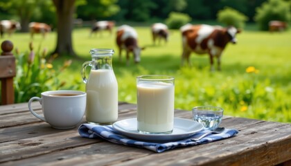 A glass and pitcher of fresh milk with a coffee mug on a wooden table Cows graze in a sunlit green field
