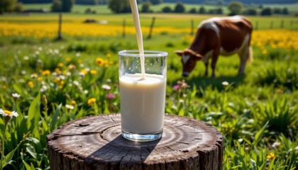 Fresh milk pours into a clear glass resting on a weathered tree stump in a sunny green meadow with a grazing cow