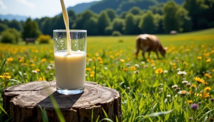 Milk pouring into a glass on a wooden stump in a vibrant green meadow with a cow grazing under a blue sky