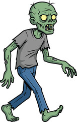 Creepy cartoon zombie character, walking green undead monster, spooky Halloween illustration, tattered clothes horror figure, scary comic zombie with glowing eyes