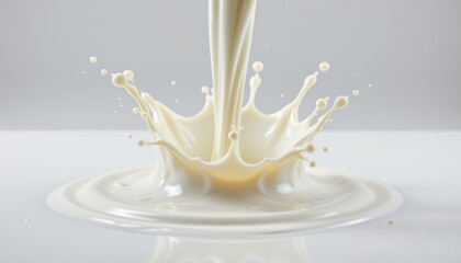 Dynamic splash of fresh white milk creating a crown shape with droplets and concentric ripples on a bright clean surface