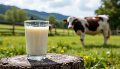 A glass of fresh milk sits on a rustic tree stump with a brown and white cow grazing in a vibrant green meadow under a