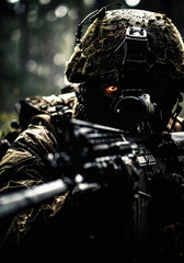 closeup face of a soldier aiming his target in darkness, war consept in hyper realistic illustration