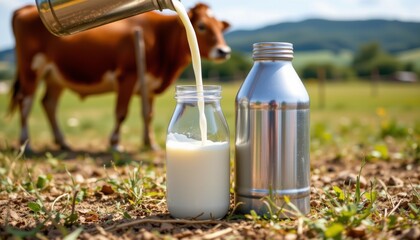 Fresh white milk pouring into a clear glass bottle from a metal container A brown dairy cow grazes in a green pasture