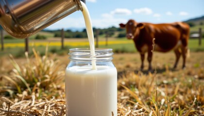 Pure white milk streams from a metal container into a clear glass jar set against a sunny farm field with a brown cow