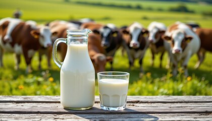 Fresh milk in a glass pitcher and cup sits on a rustic wooden table dairy cows graze in a vibrant green field