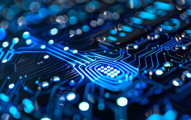 This image highlights an integrated circuit board's complexity with a macro view of electronic pathways and a central processing unit, symbolizing high-tech engineering.