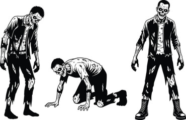 Creepy zombie silhouettes in various poses, walking undead clipart set, horror illustration graphic, Halloween undead characters, scary zombie vector artwork