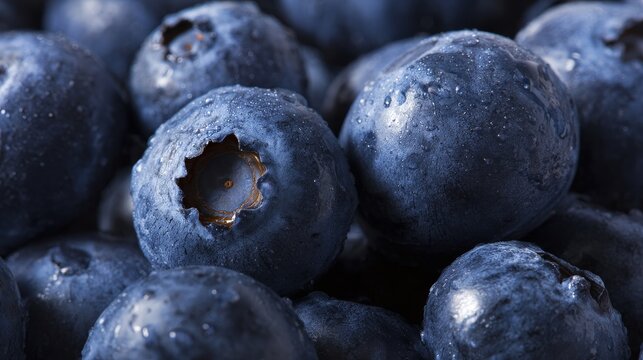 Closeup macro shot of fresh ripe blueberries showing vibrant purple-blue color, smooth texture, and natural bloom on the skin. Healthy organic berry fruit concept ideal for food and nutrition themes
