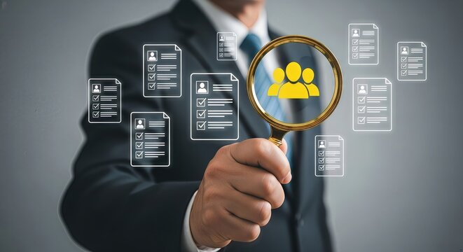 A businessman holds a magnifying glass over a group of people icons, symbolizing recruitment and candidate selection in human resources