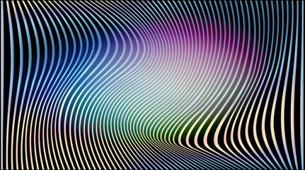 Vector illustration in modern op-art style with wavy lines and a fluid optical effect. Theme: illusion and motion, featuring blue, purple, green, and yellow gradients blending on a black background.
