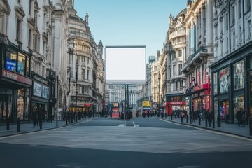Obraz premium White screen billboard template above London shops on Piccadilly street, mockup on urban UK road with commercial shops and people, outdoor advertising board in city center