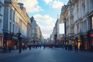 Fototapeta premium London’s iconic Piccadilly with a white screen billboard above city shops, advertising template mockup over historic facades, busy UK road scene with clear sky and pedestrian life
