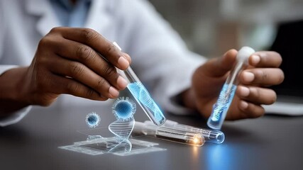 Scientist working with test tubes and virtual representations of viruses and dna - Powered by Adobe