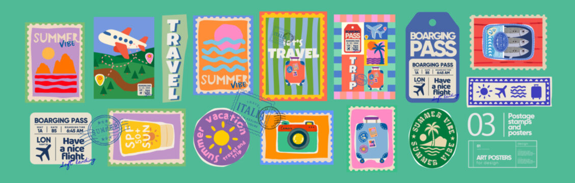 Summer postage stamps about travel and vacation. Vector illustration of beach, airplane, suitcase, waves, boarding pass, stamp, canned sardine, for icons and stickers