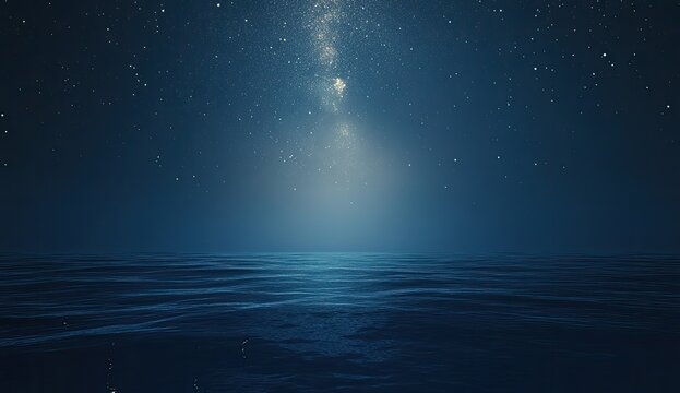 Night sky over a dark, rippled ocean.  Stars and a milky way streak across a deep blue night.  Calm, reflective water surface