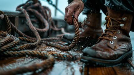 Maritime Work: weathered hands gripping a rope on a boat deck with leather boots visible during a rainy day by the sea.