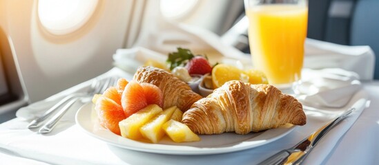 Delicious in-flight breakfast with croissants, fresh fruit and orange juice near the window