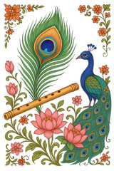 Fototapeta premium Vibrant peacock with Krishna's flute, lotus flowers, folk art border, traditional Indian spiritual motif