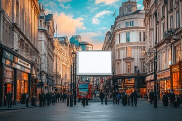 Fototapeta premium White billboard mockup on London Piccadilly street above traditional British shops, blank ad space for outdoor commercial use, urban road with historic facades, daytime city atmosphere