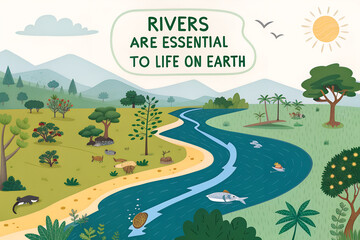 Illustration Thriving River Ecosystem With