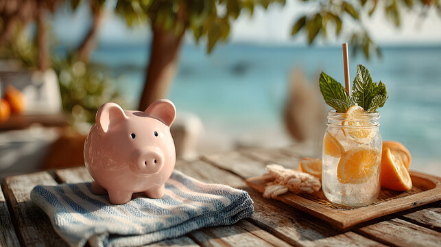Summer Vacation Savings Concept: Piggy Bank and Tropical Drink by the Ocean for Travel Planning