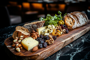 Cheese and bread platter with nuts and dried fruits on wooden board