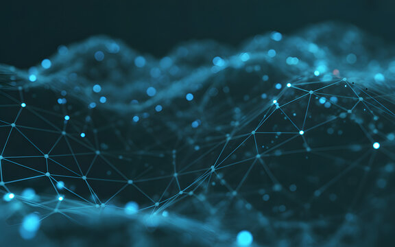 A digital network of interconnected nodes, lines, and blue bokeh lights suggesting connectivity, technology, or scientific data.