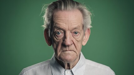 Fototapeta premium Elderly Gentleman with Humorous Expressions, Studio Portrait on Solid Green Backdrop – Professional Lighting for Senior Lifestyle & Positive Aging Content