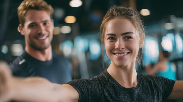 Gym selfie: A smiling woman in workout clothes takes a selfie in a modern gym, a male friend standing behind her with a warm smile, embodying health, wellness, and the joy of fitness together.