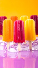 Colorful popsicles on ice, vibrant hues